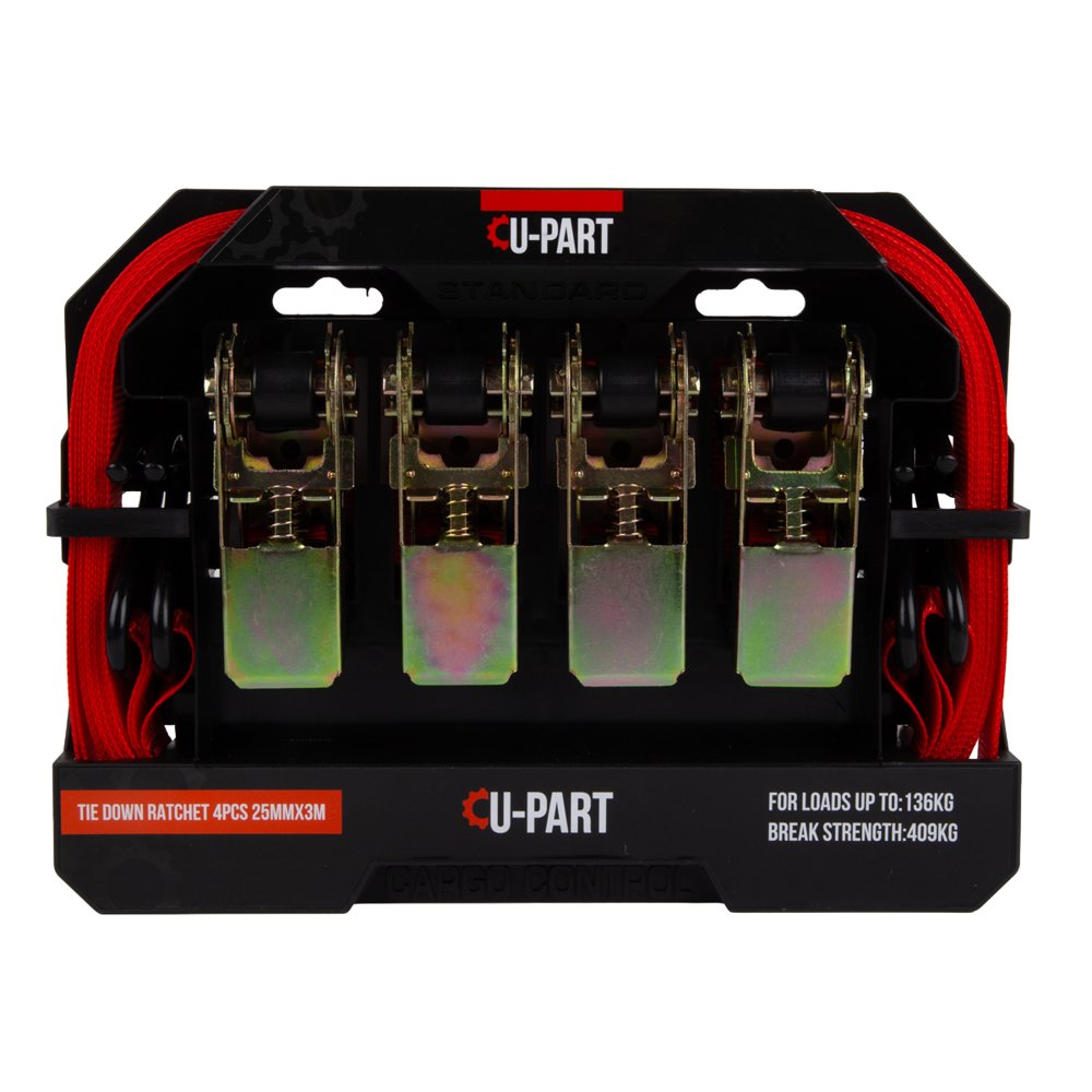 U-Part Tie Down Ratchet 4PC + Hook 25mmx3m 136kg