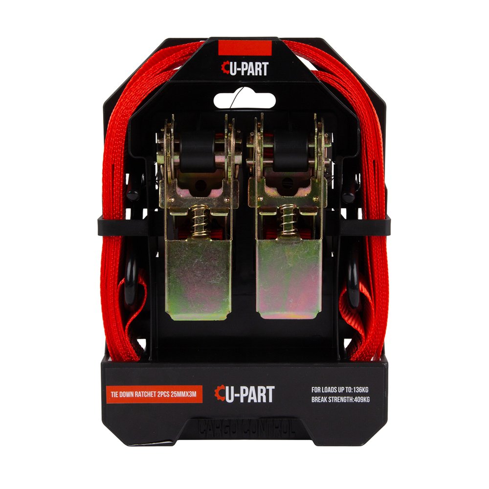 U-Part Tie Down Ratchet 2PC + Hook 25mmx3m 136kg