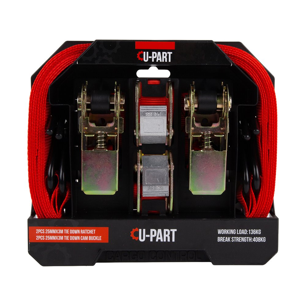U-Part Tie Down Ratchet+cam Buckl 4PC 25mmx3m136kg