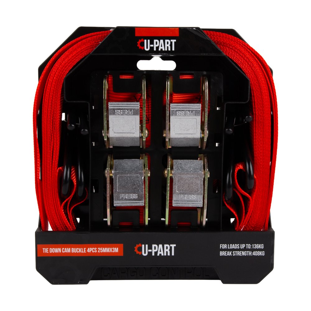 U-Part Tie Down Cam Buckle 4PC +hook 25mmx3m 136kg