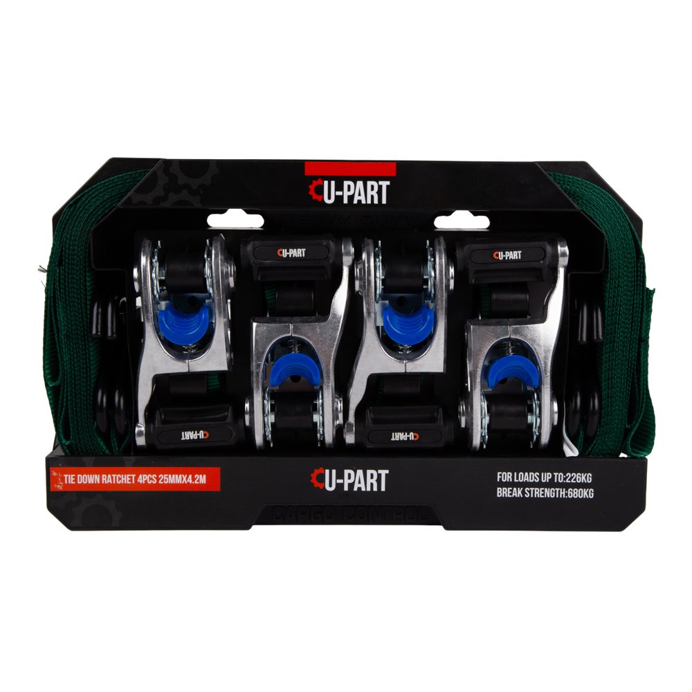 U-Part Tie Down Ratchet 4PC + Hook 25mmx4.2m 226kg
