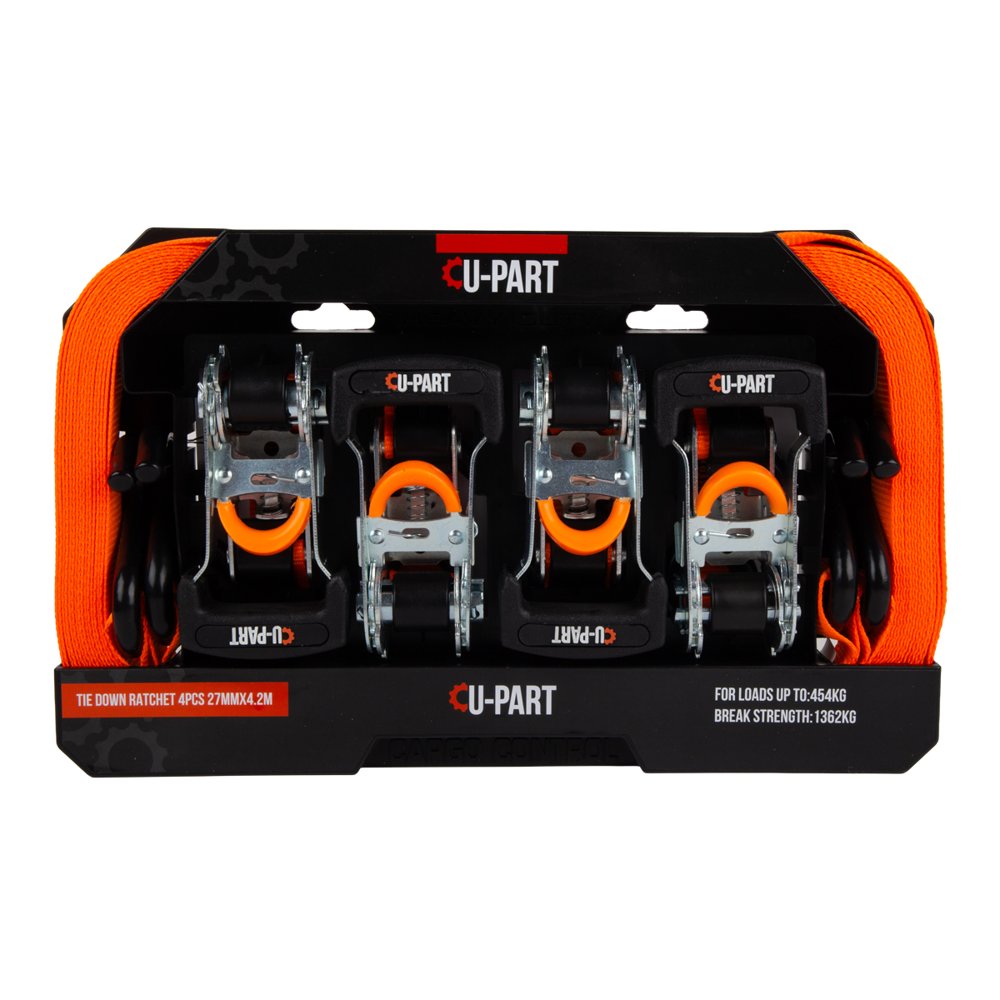 U-Part Tie Down Ratchet 4PC + Hook 27mmx4.2m 454kg