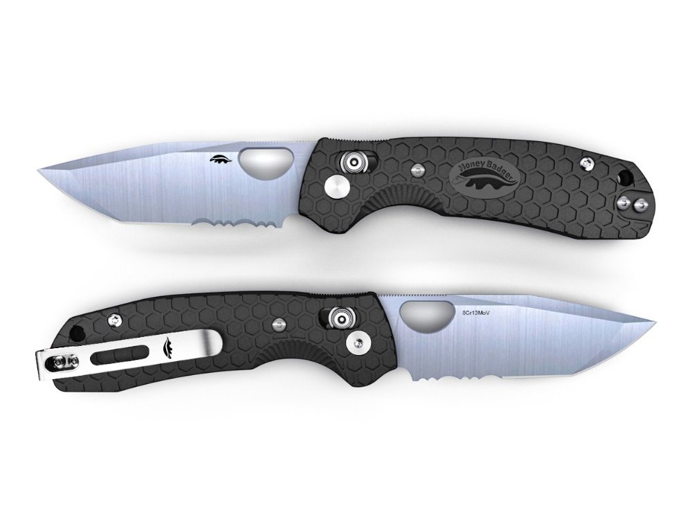 Honey Badger Cross-Bolt Tanto 50/50 8Cr13MoV Medium/Large Folding Knife – Black