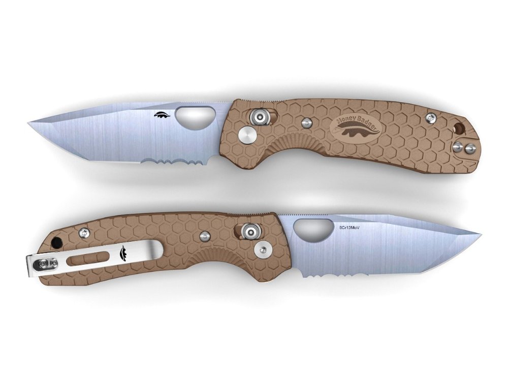 Honey Badger Cross-Bolt Tanto 50/50 8Cr13MoV Medium/Large Folding Knife – Tan
