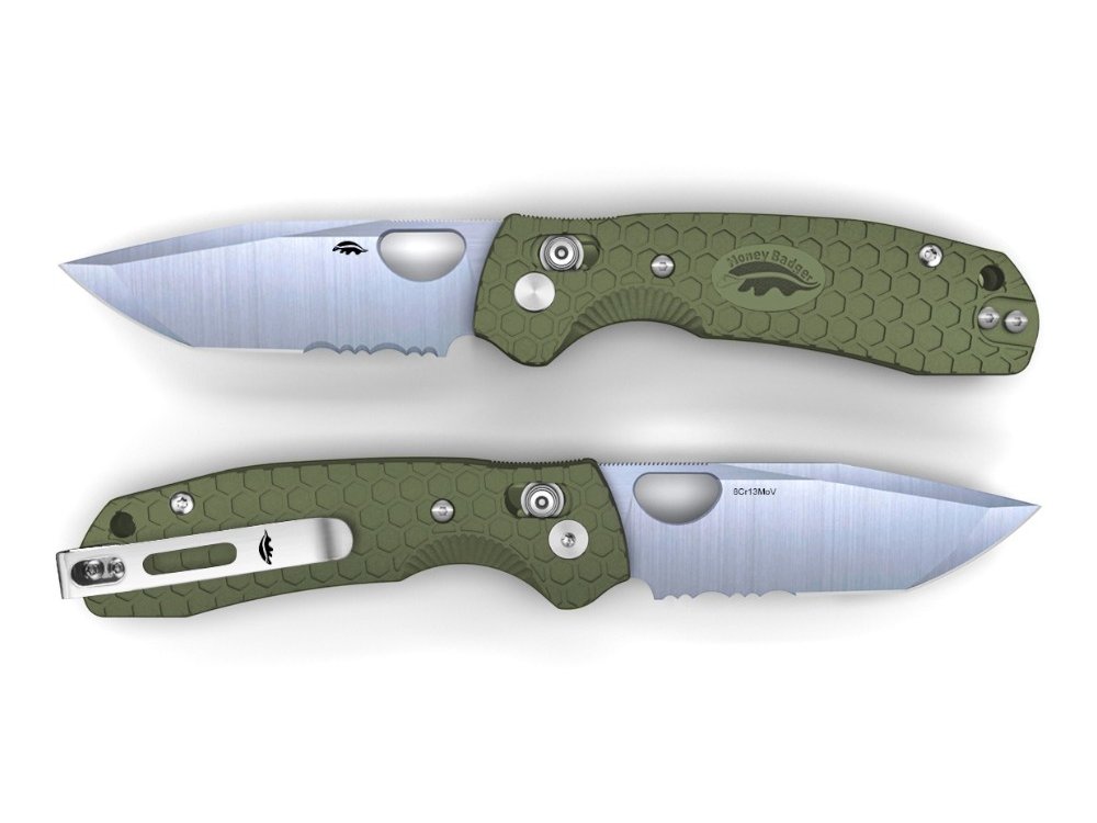 Honey Badger Cross-Bolt Tanto 50/50 8Cr13MoV Medium/Large Folding Knife – Green