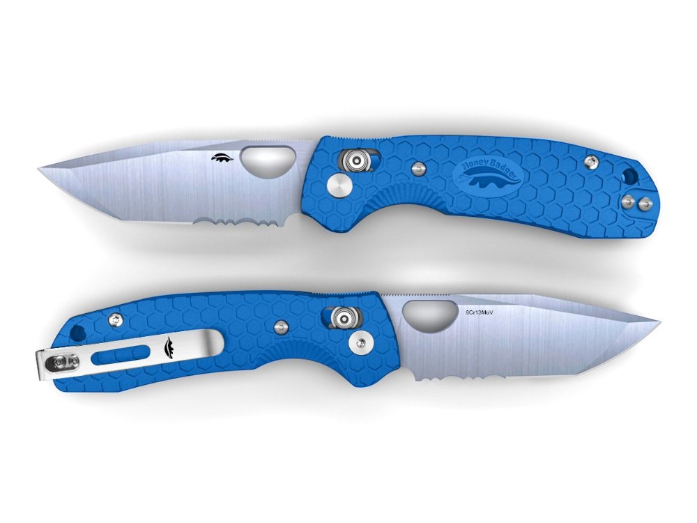 Honey Badger Cross-Bolt Tanto 50/50 8Cr13MoV Medium/Large Folding Knife – Blue