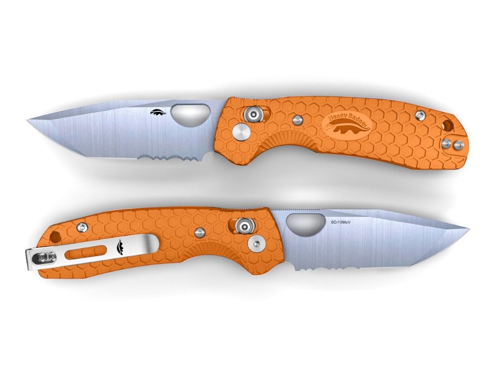 Honey Badger Cross-Bolt Tanto 50/50 8Cr13MoV Medium/Large Folding Knife – Orange