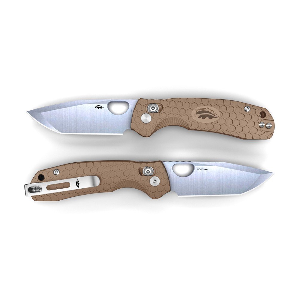 Honey Badger Cross-Bolt Tanto Med/Small Folding Knife – Tan