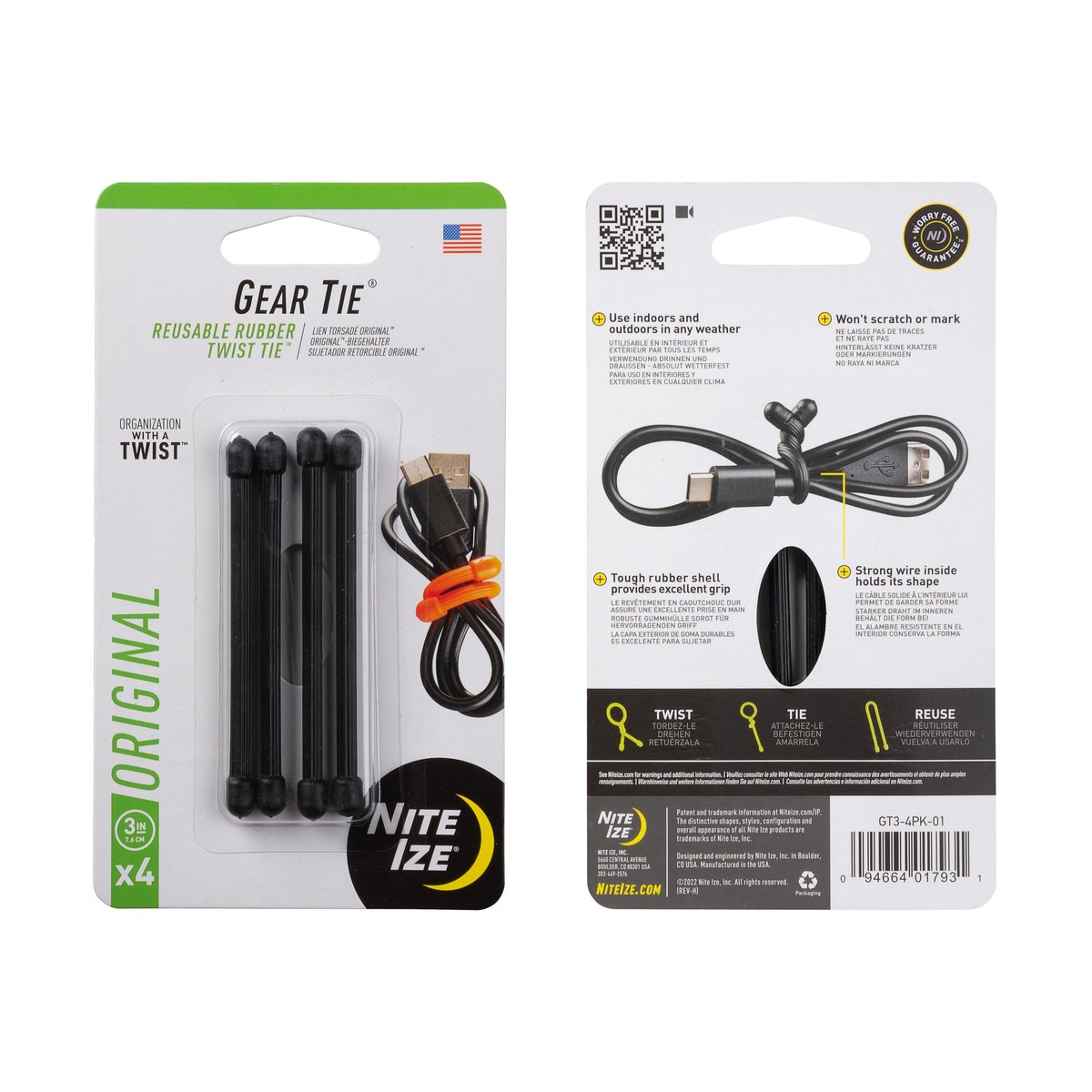 Nite Ize Gear Tie Reusable Rubber Twist Tie 3 in – 4 Pack – Black
