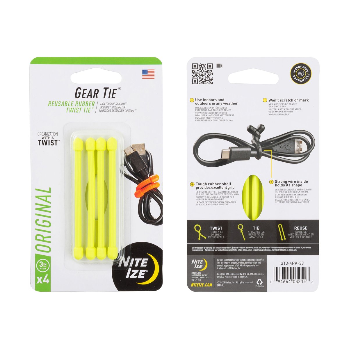 Nite Ize Gear Tie Reusable Rubber Twist Tie 3 in – 4 Pack – Neon Yellow