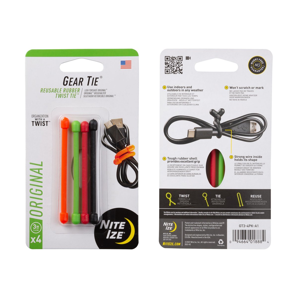 Nite Ize Gear Tie Reusable Rubber Twist Tie 3 in – 4 Pack – Assorted