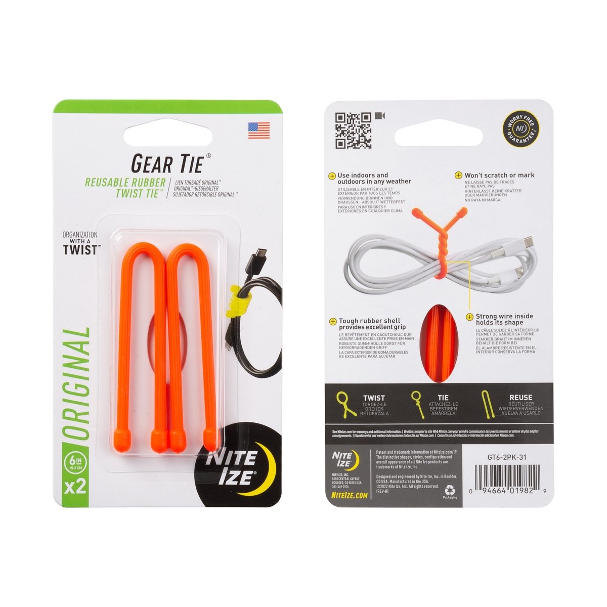 Nite Ize Gear Tie Reusable Rubber Twist Tie 6 in – 2 Pack – Bright Orange