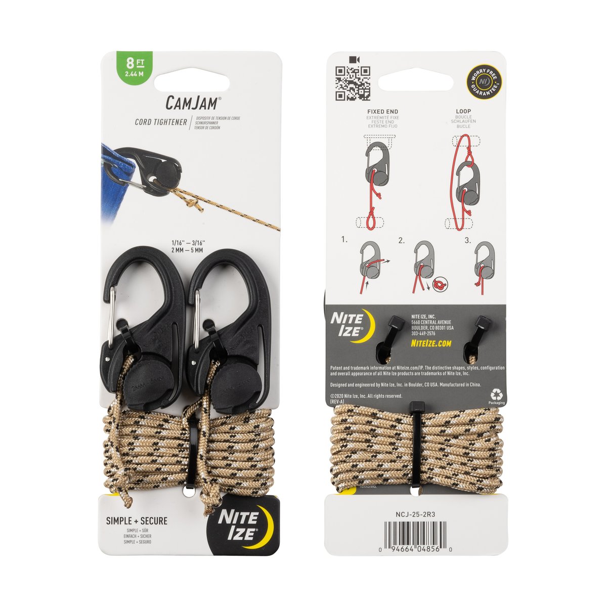 Nite Ize CamJam Cord Tightener – 2 Pack with 8 ft Rope
