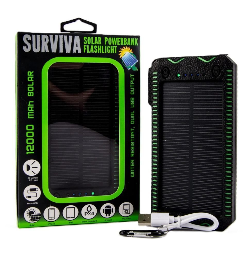 Surviva Solar Power Bank 12000 mAh with Flashlight & Lighter